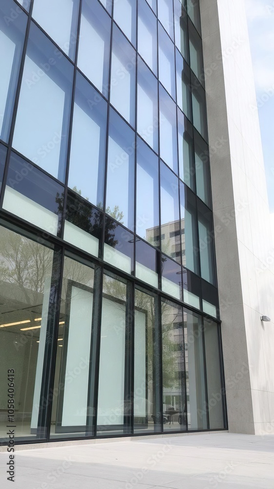 Modern glass office building with clean lines and reflective windows, showcasing a sleek and professional design, urban, clean Modern glass office building with clean lines and reflective windows, showcasing a sleek and professional design, urban, clean