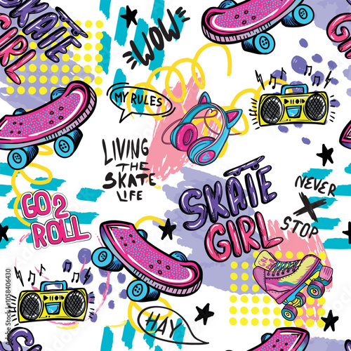 skateboard seamless pattern. Seamless bright abstract pattern with skateboard. Prints for T-shirts, textiles, clothes, sports, and more