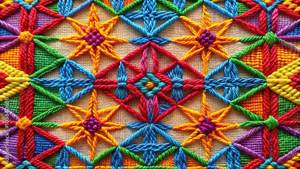 Geometric shapes and patterns composed of interconnected stitches and threads in bold colors, modern art, zigzag pattern, geometric pattern, fiber optics Geometric shapes and patterns composed of interconnected stitches and threads in bold colors, modern art, zigzag pattern, geometric pattern, fiber optics