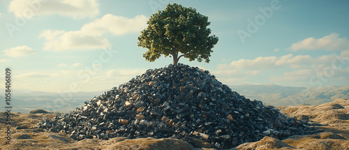 Tree Growing From Pile of Electronic Waste.