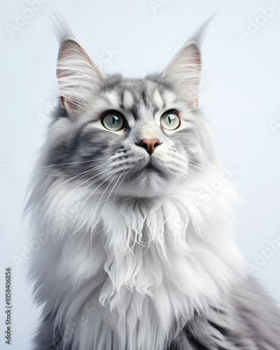 Close-up Maine Coon cat headshot, mesmerizing eye,lifelike fur,pet portrait,dark grey feline,focus expression, photography,interior wall art decor,grey,white,black,soft,shelter,adoption,catery,soul