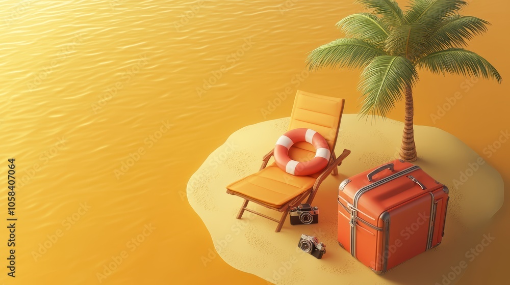 Obraz premium Isometric, summer travel with orange suitcase, beach chair, palm tree, camera, lifebuoy isolated on solid background. copy space. 3d render illustration.