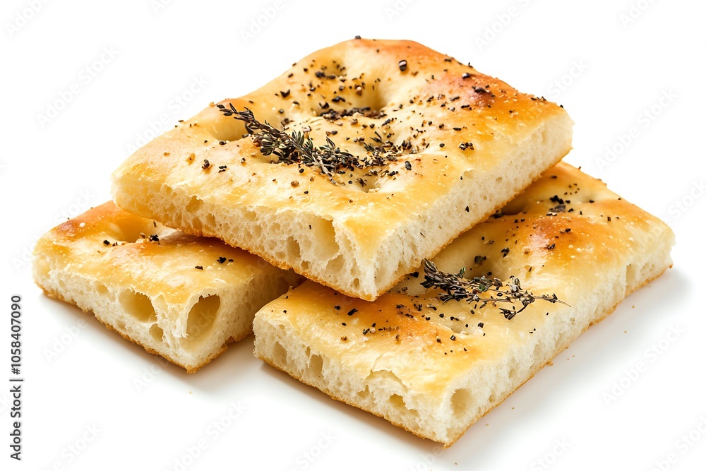 Slices of focaccia bread seasoned with rosemary and salt, creating a classic italian culinary scene Slices of focaccia bread seasoned with rosemary and salt, creating a classic italian culinary scene