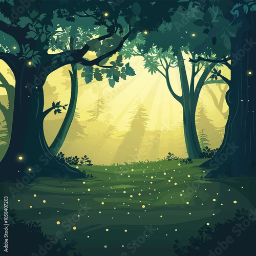 A forest clearing with sunbeams. silhouette illustration