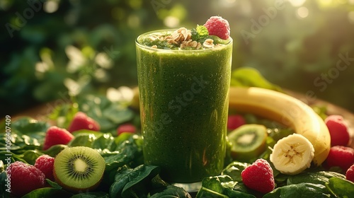 Fresh Green Smoothie with Fruits and Greens