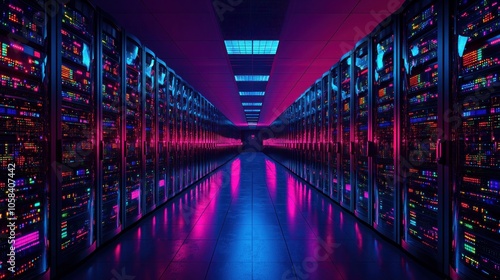 Data Center Servers with Neon Lights. Cyber Security, Cloud Computing, Technology