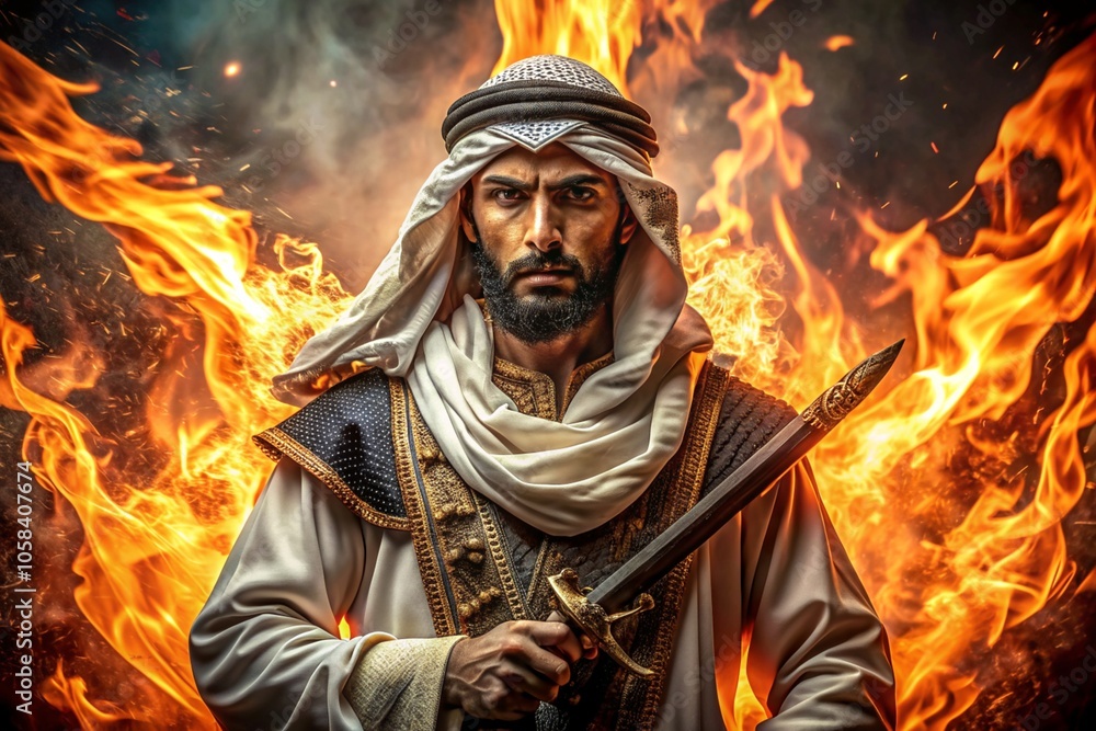 A man in a costume holding a sword is surrounded by fire A man in a costume holding a sword is surrounded by fire