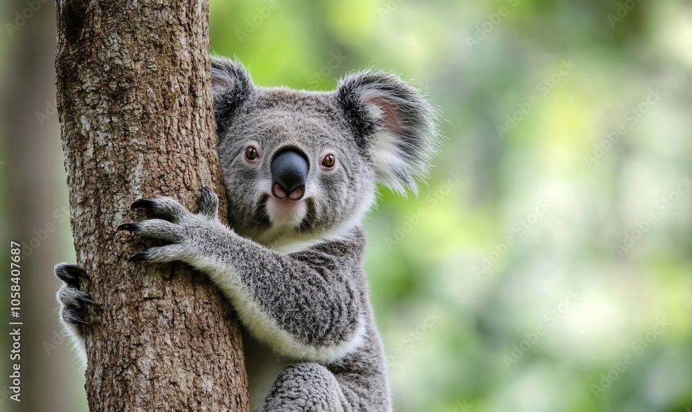 Naklejka premium A koala bear sitting in a tree, looking at the camera with a cute expression.