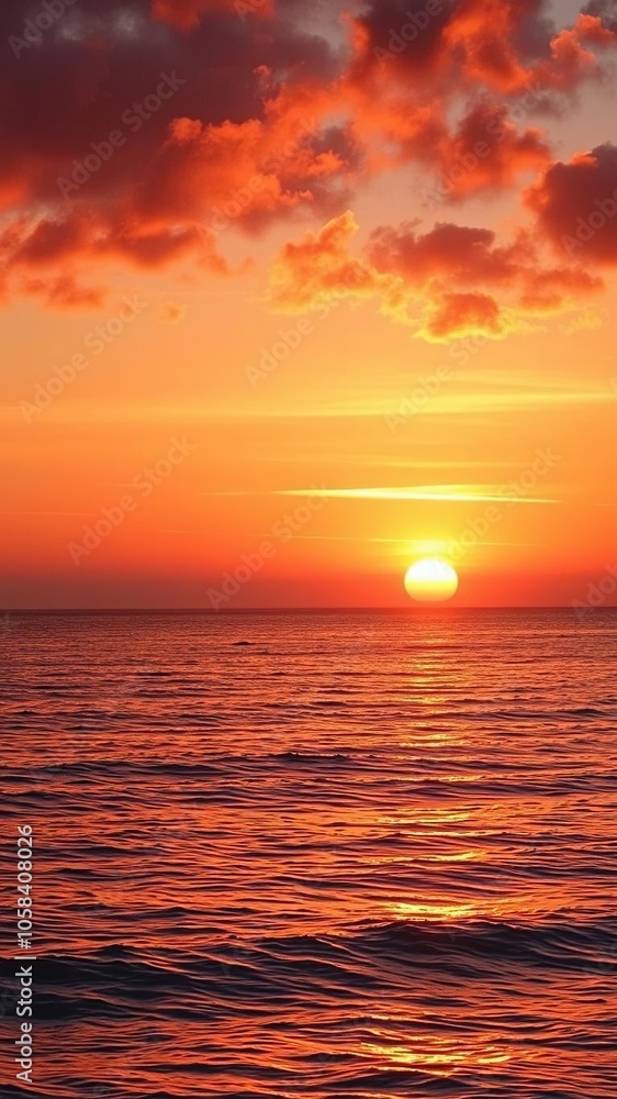 Fototapeta premium Vibrant orange and pink hues illuminate the sky as the sun rises over the calm sea, casting a golden glow on the water and creating a serene and breathtaking scene, beauty, nature