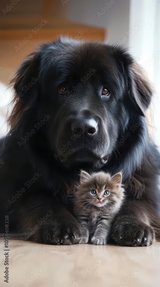Large dog playing with a tiny kitten, showcasing the gentle nature of the breed in a joyful and safe moment, captured in ultra-detailed 8K resolution Large dog playing with a tiny kitten, showcasing the gentle nature of the breed in a joyful and safe moment, captured in ultra-detailed 8K resolution