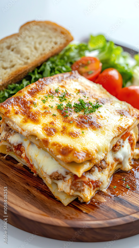 Delicious lasagna slice served with garlic bread and fresh vegetables on a rustic wooden board Delicious lasagna slice served with garlic bread and fresh vegetables on a rustic wooden board