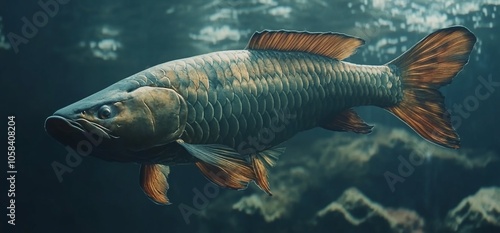 A large, brown, and silver fish with orange fins swims in a dark blue and green aquarium.