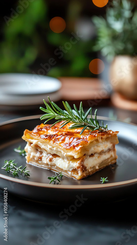 Delicious lasagna slice perfectly plated with fresh rosemary garnish for culinary delight