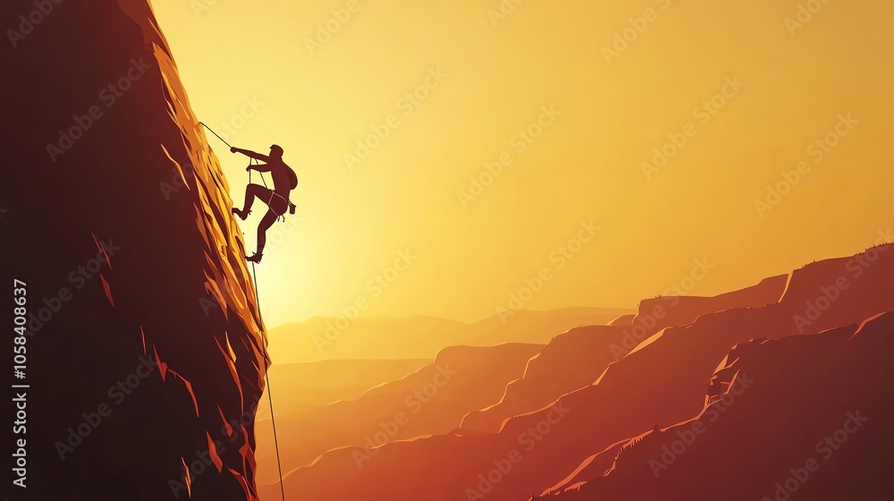A climber scaling a mountain against a stunning sunset backdrop, showcasing determination and adventure. A climber scaling a mountain against a stunning sunset backdrop, showcasing determination and adventure.