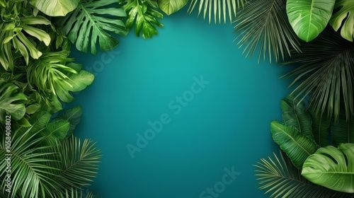 A vibrant arrangement of tropical leaves surrounding a serene turquoise background, perfect for design and nature-themed projects.