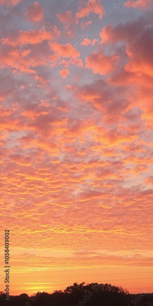 Naklejka premium Vibrant colors of orange, pink, and purple paint the sky during a beautiful sunset, outdoors, serene, twilight