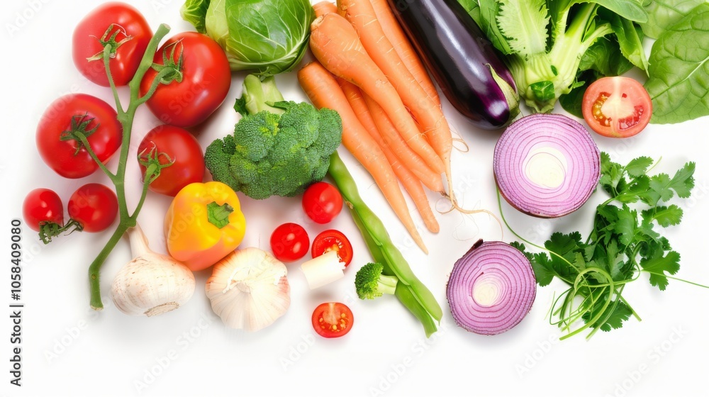 Fresh Vegetable Flat Lay on White Background, Top View with Copy Space for Text or Banner Design, Ideal for Food Concept and Healthy Lifestyle Promotion, High-Resolution Image for Commercial Use