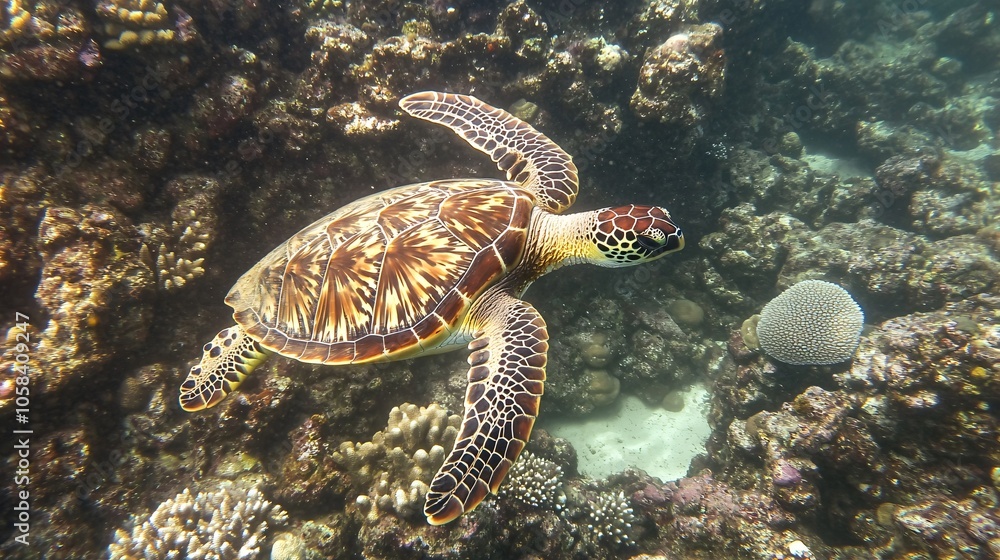 Fototapeta premium Sea Turtle Swimming Through Coral Reef