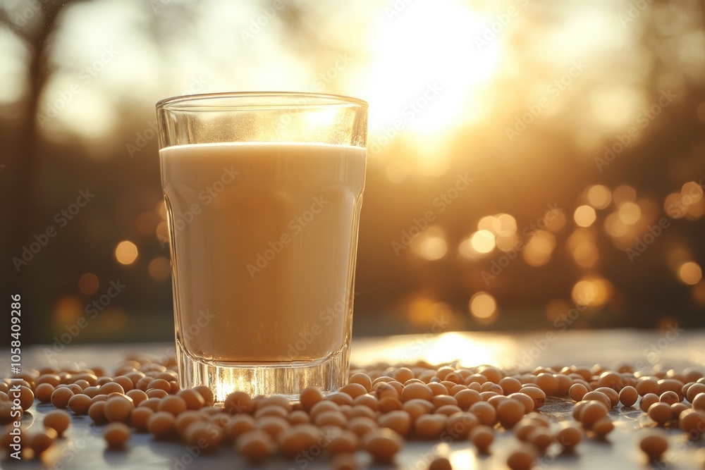 A glass of fresh soy milk sits on a table surrounded by scattered soybeans A glass of fresh soy milk sits on a table surrounded by scattered soybeans