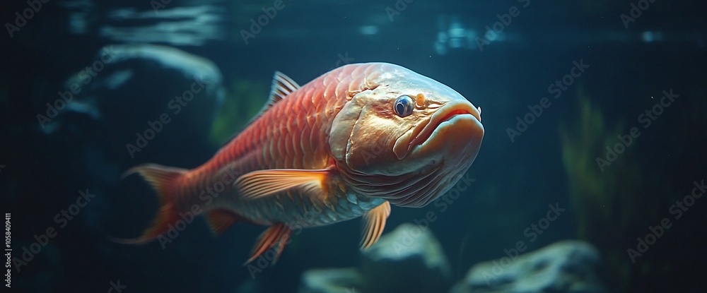 Naklejka premium A large, red and orange fish with a prominent mouth swims in a dark blue aquarium.