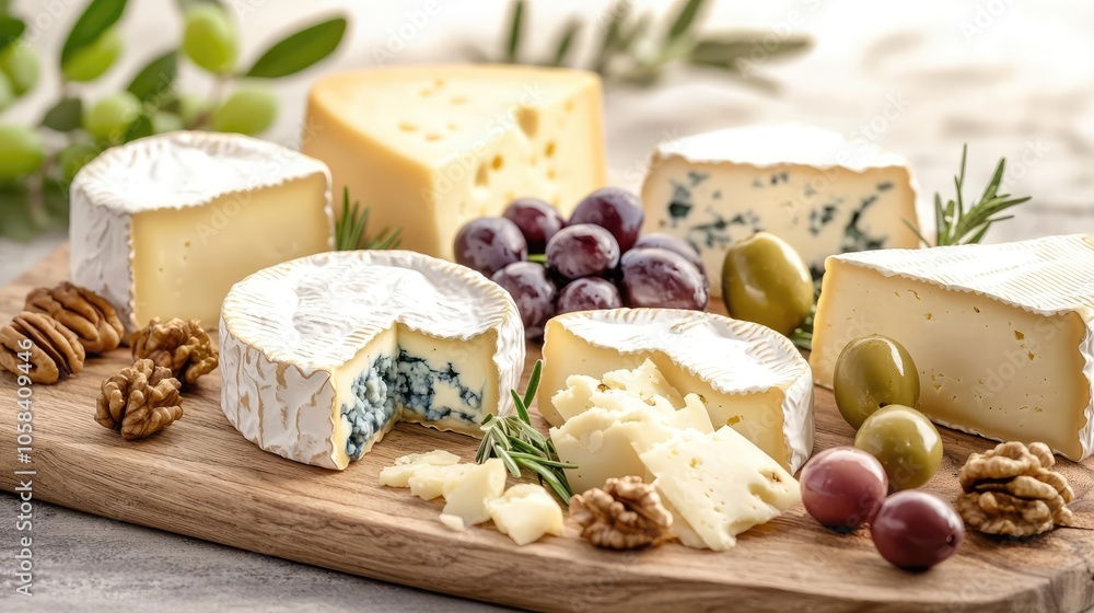 A selection of gourmet cheeses displayed on a wooden board with grapes and nuts. A selection of gourmet cheeses displayed on a wooden board with grapes and nuts.