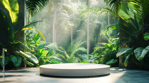 Two white round podium displays for product presentation, lush jungle forest in the background