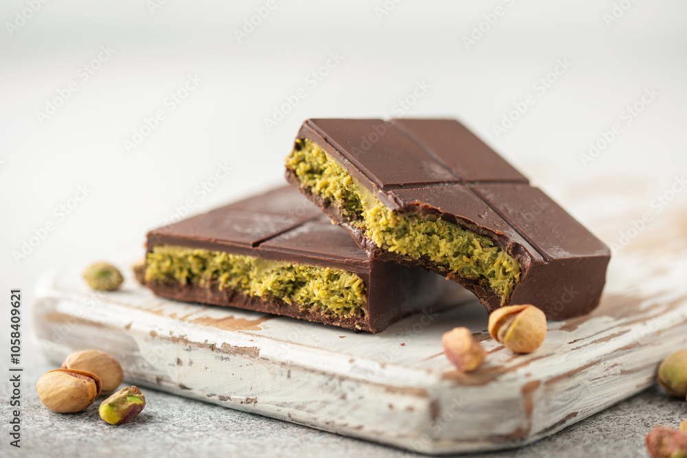 Naklejka premium Dubai chocolate with green cataifi and pistachio paste. Trend dessert