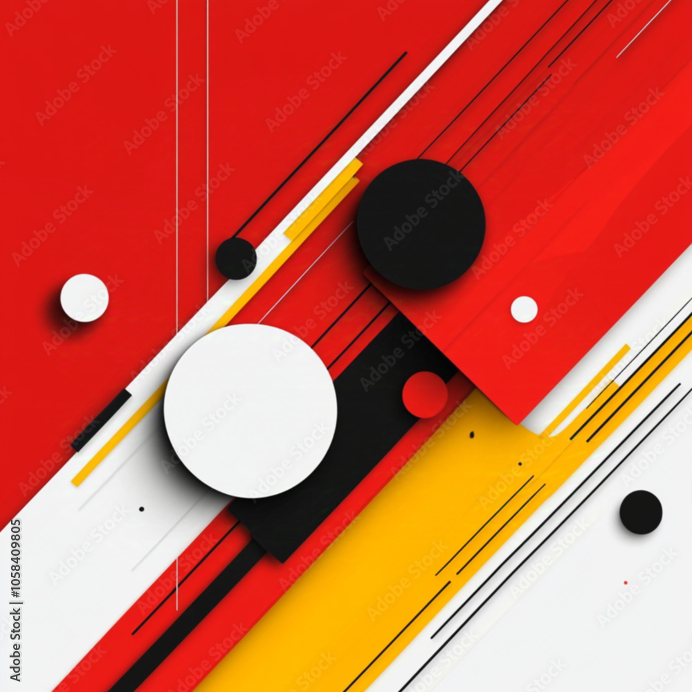 Red and yellow geometric shapes with a black circle and white circle on a red background Red and yellow geometric shapes with a black circle and white circle on a red background