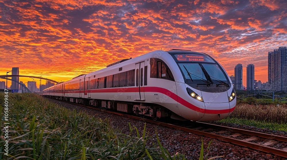 Fototapeta premium High speed train on railway tracks against sunset sky