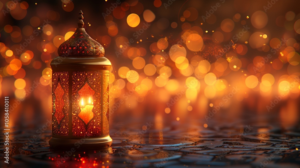 A traditional Moroccan lantern with a lit candle sits on a cobblestone surface with a warm bokeh background. A traditional Moroccan lantern with a lit candle sits on a cobblestone surface with a warm bokeh background.