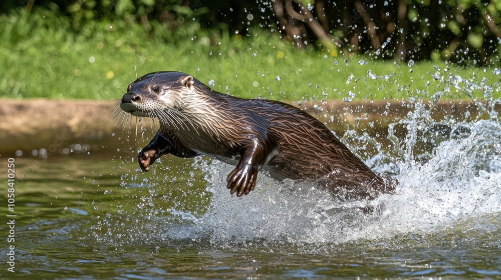 Obraz premium Otter jumping out of water, with splashing water droplets