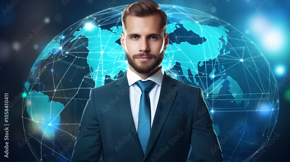 A confident businessman standing in front of a global network, representing international business and connection A confident businessman standing in front of a global network, representing international business and connection