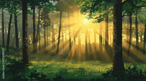 A forest clearing with sunbeams. silhouette illustration