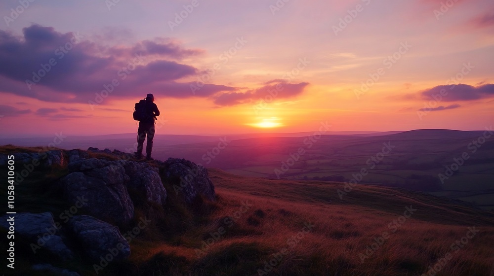 A lone hiker stands on a mountaintop, silhouetted against a breathtaking sunset. The sky is ablaze with vibrant colors, casting a warm glow over the surrounding landscape. A lone hiker stands on a mountaintop, silhouetted against a breathtaking sunset. The sky is ablaze with vibrant colors, casting a warm glow over the surrounding landscape.