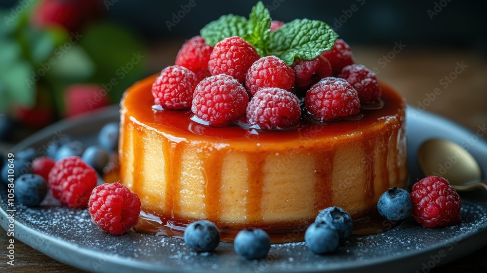 Indulgent Dessert with Fresh Berries and Caramel Drizzle Indulgent Dessert with Fresh Berries and Caramel Drizzle