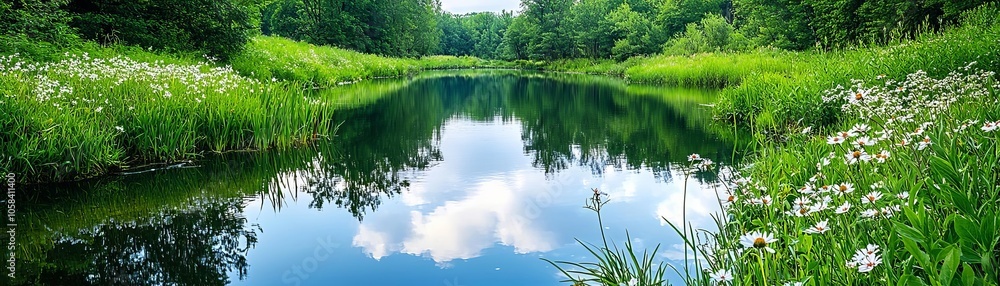 Calm stream bordered by blooming wildflowers and leafy trees, with soft reflections of clouds on the water adding to the serene atmosphere Calm stream bordered by blooming wildflowers and leafy trees, with soft reflections of clouds on the water adding to the serene atmosphere