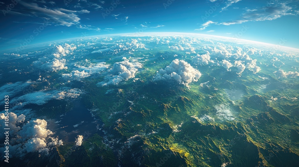 Fototapeta premium Aerial view of Earth showcasing lush landscapes and clouds.