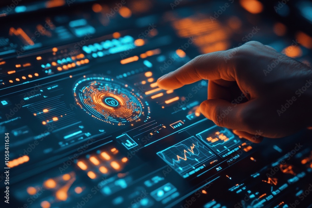 A hand pointing at an interactive digital display filled with graphs, charts, and data points A hand pointing at an interactive digital display filled with graphs, charts, and data points