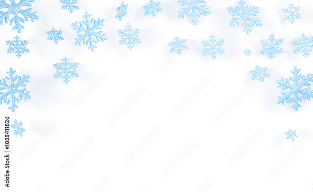 3d snowfall frame with falling snowflakes render. Snow flakes flying in air on white background. Winter banner with border of blue ice crystals. Christmas and New Year nature pattern. 3D illustration 3d snowfall frame with falling snowflakes render. Snow flakes flying in air on white background. Winter banner with border of blue ice crystals. Christmas and New Year nature pattern. 3D illustration