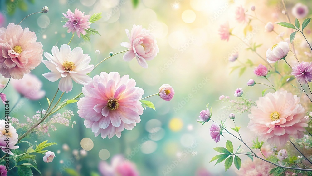 Soft pastel floral wallpaper with delicate petals and leaves in a whimsical garden scene, whimsical, home decor, wall coverings, feminine, botanical Soft pastel floral wallpaper with delicate petals and leaves in a whimsical garden scene, whimsical, home decor, wall coverings, feminine, botanical