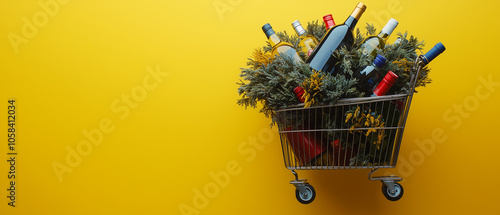 Shopping Cart Full of Wine Bottles.