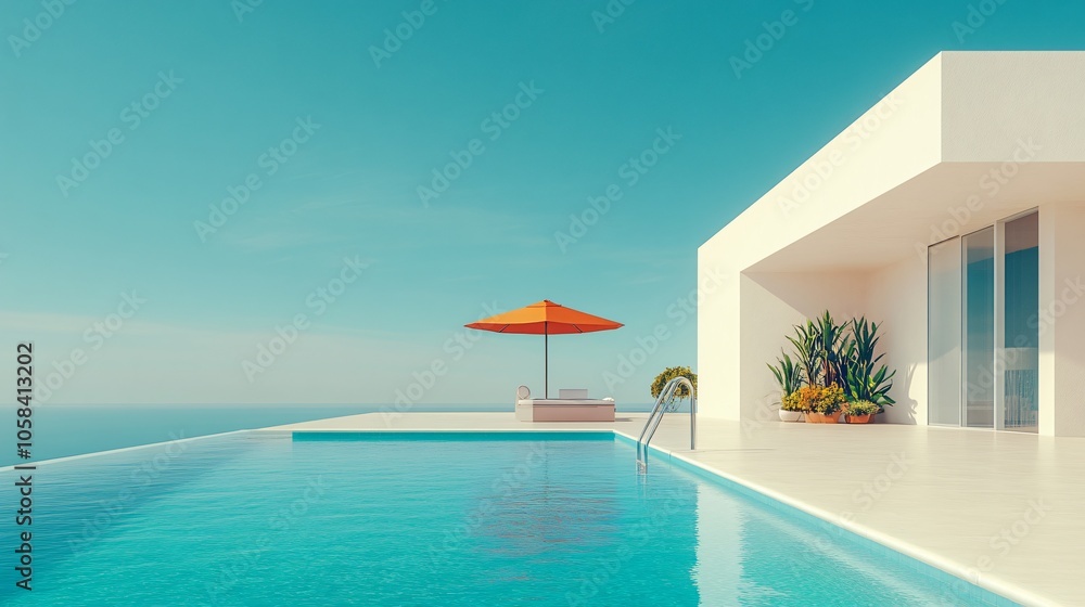 Fototapeta premium Relaxing at a Private Pool by the Beach in a Luxurious Hotel or Vacation Home, Perfect for a Calm and Rejuvenating Getaway