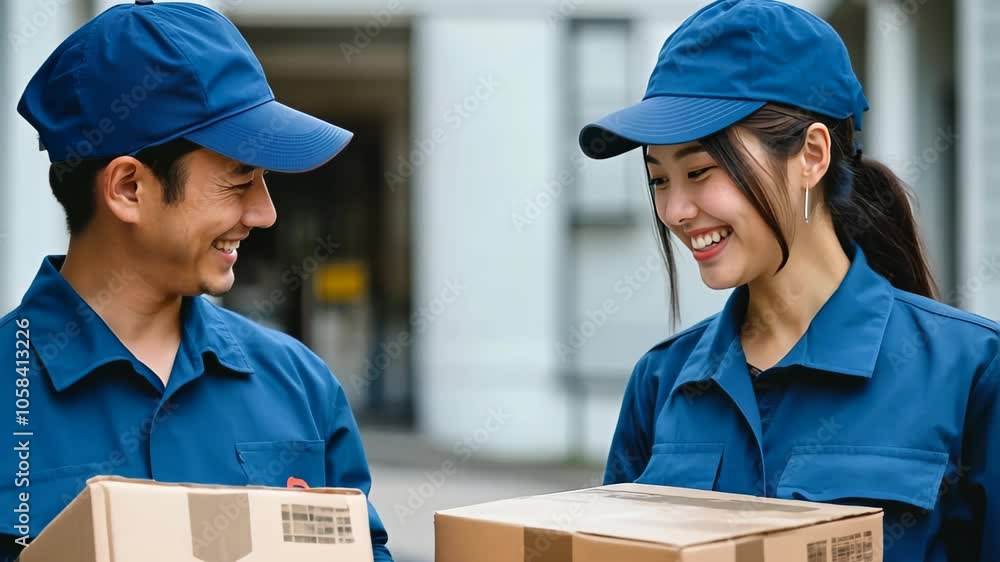 Goods deliver smiling while carrying cardboard boxes. Goods deliver smiling while carrying cardboard boxes.
