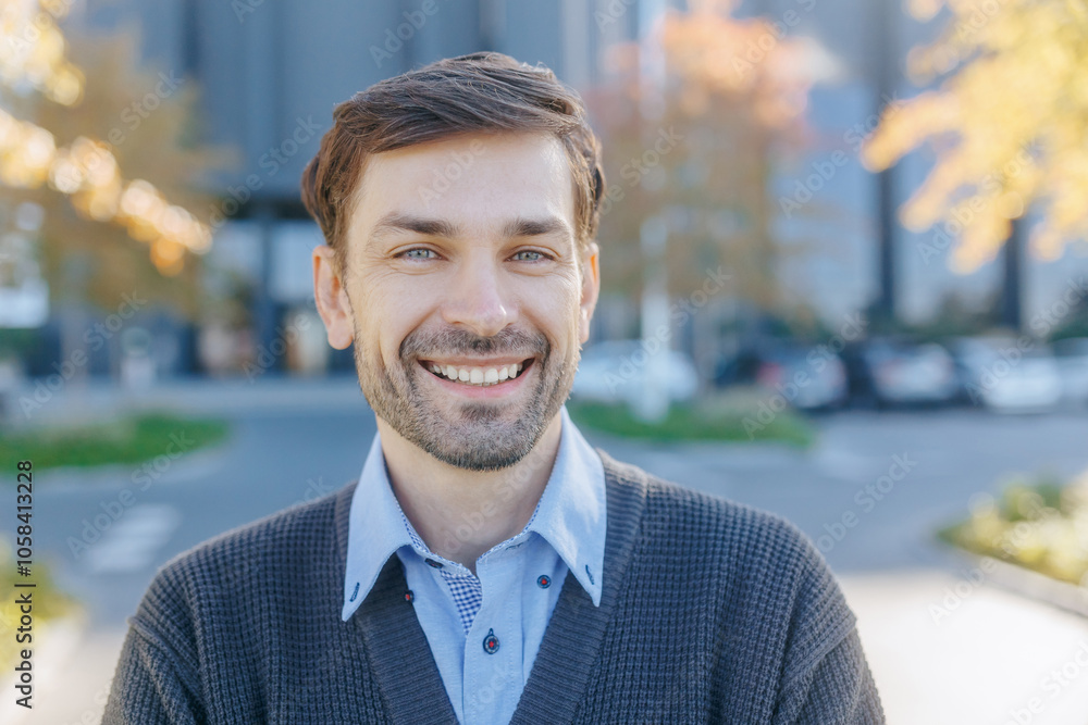 Smiling Office Worker in Autumn Setting with Positive Vibe Smiling Office Worker in Autumn Setting with Positive Vibe