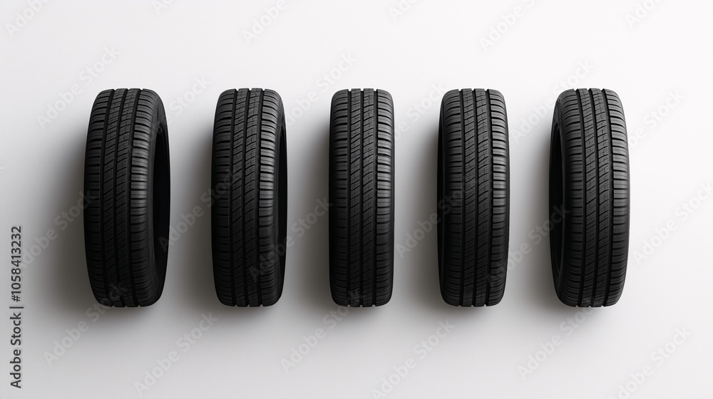 Five Black Car Tires Aligned on White Background Five Black Car Tires Aligned on White Background