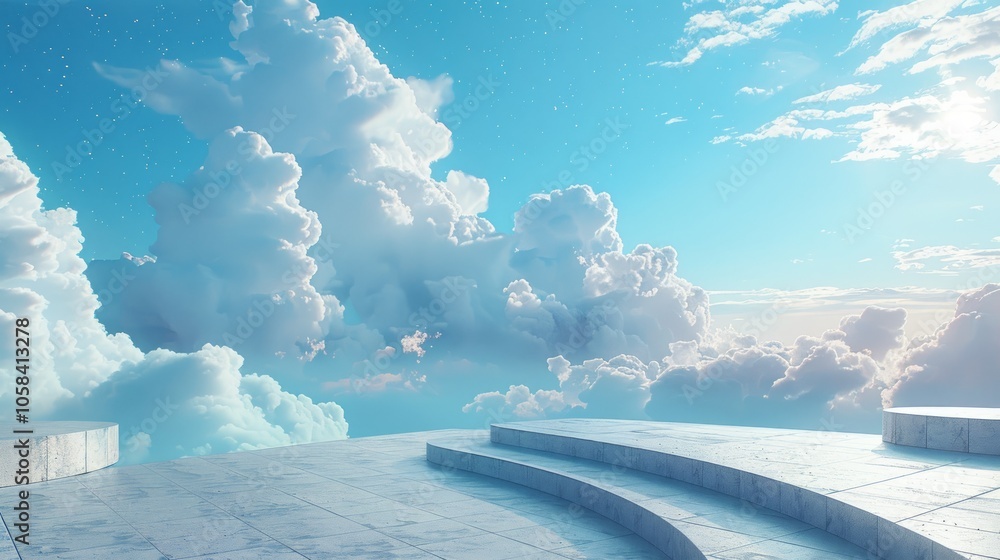 A white marble podium with three steps stands on a platform overlooking a bright blue sky with white fluffy clouds. A white marble podium with three steps stands on a platform overlooking a bright blue sky with white fluffy clouds.