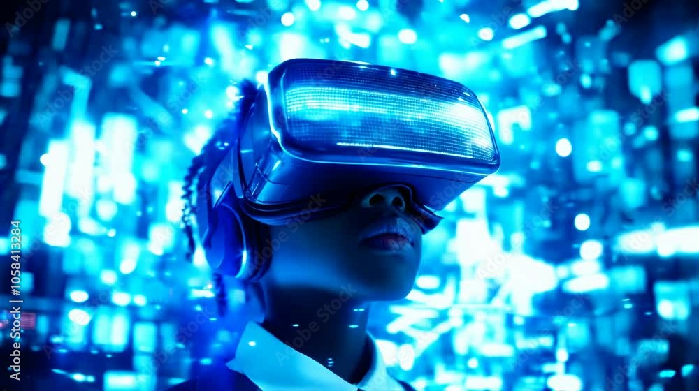 portrait of black boy child in VR headset, glowing blue digital data and technology elements floating around
portrait of black boy child in VR headset, glowing blue digital data and technology elements floating around