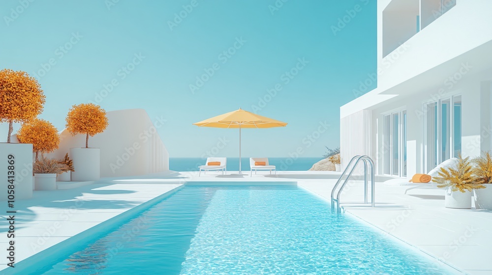 Fototapeta premium Relaxing at a Private Pool by the Beach in a Luxurious Hotel or Vacation Home, Perfect for a Calm and Rejuvenating Getaway