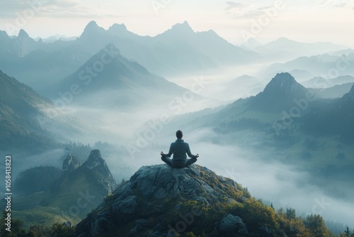 A lone person sits cross-legged in meditation on a rock overlooking a vast, serene mountain