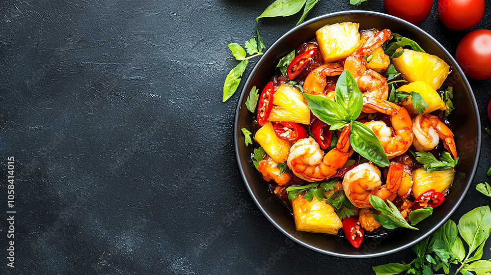 Delightful plate of vietnamese sweet and sour shrimp with fresh pineapple and herbs for a perfect meal experience Delightful plate of vietnamese sweet and sour shrimp with fresh pineapple and herbs for a perfect meal experience